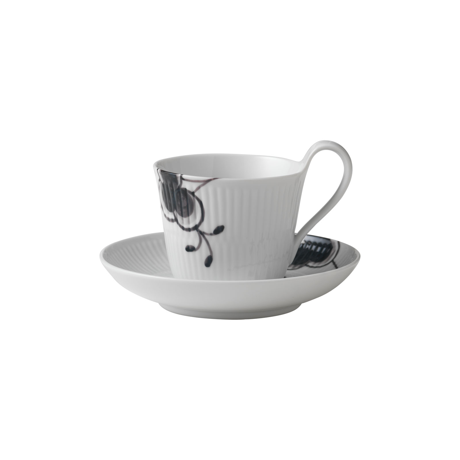 Royal Copenhagen Mega Schwarz Gerippt Kaffeetasse mit Untertasse 0,25ltr. Hoher Henkel